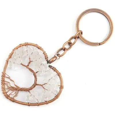 Porte Clés Arbre de Vie Coeur rosé en Cristal de roche