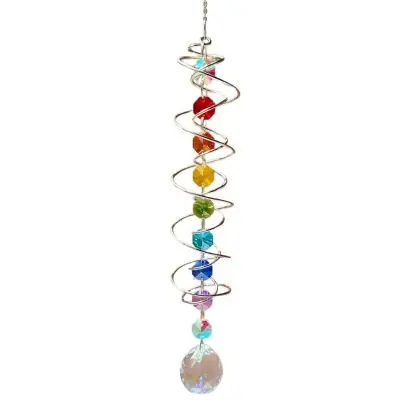 Suspension Spirale argentée Chakras, Cristal à Facettes 30mm