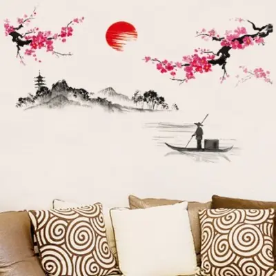 Sticker Paysage d’Asie et Fleurs de Cerisier
