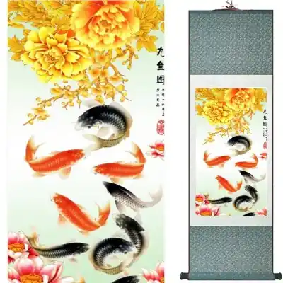 Kakemono Carpes Koi aux Pivoines dorées