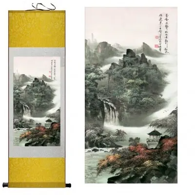 Grand Kakemono Temple au Bord de la Rivière jaune