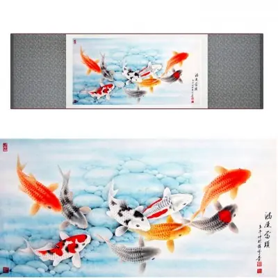 Kakemono Poissons Carpes koi bleu