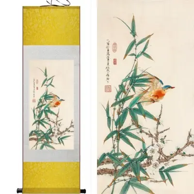 Grand Kakemono Bambous aux Oiseaux jaune