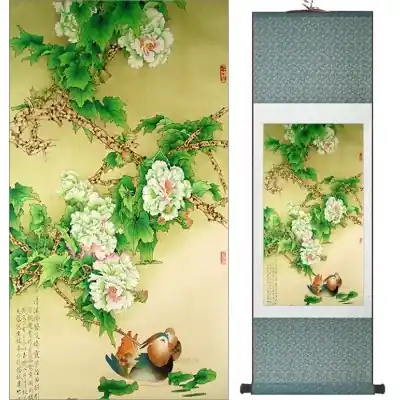 Kakemono Carnards Mandarins et Pivoines