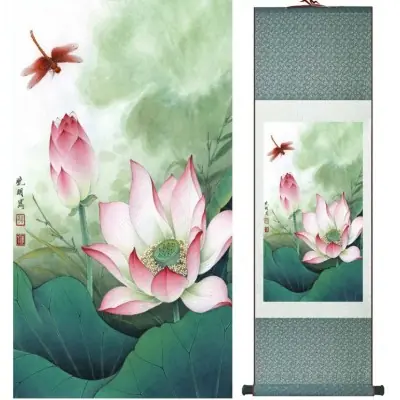 Kakemono Fleurs de Lotus roses et Libellule