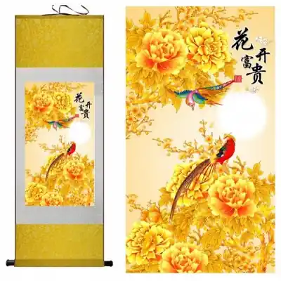 Grand Kakemono Fleurs de Pivoines dorées