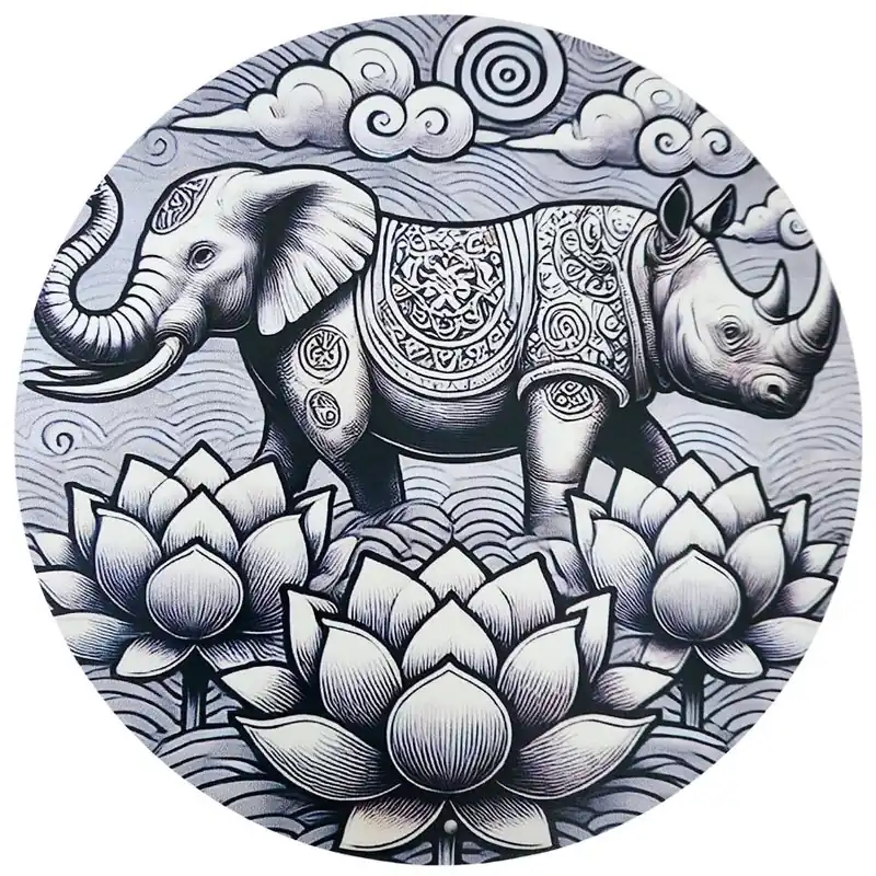 Plaque Décorative Rhino et Eléphant bleus aux Lotus