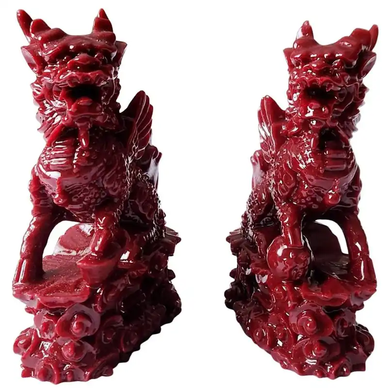 Paire de Statues Chi Lin rouges