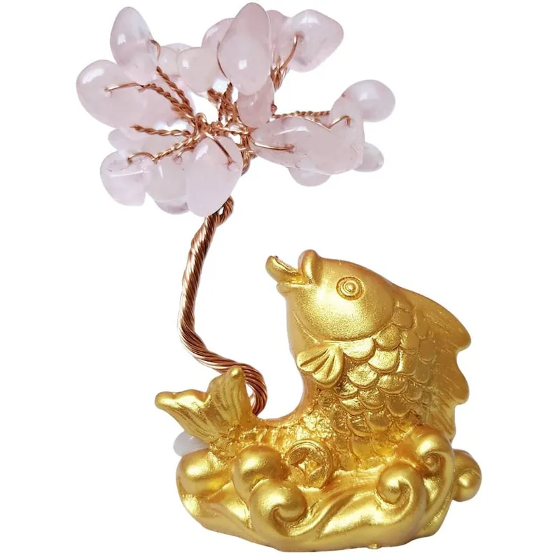 Carpe Koï Dorée et Arbre en Quartz rose
