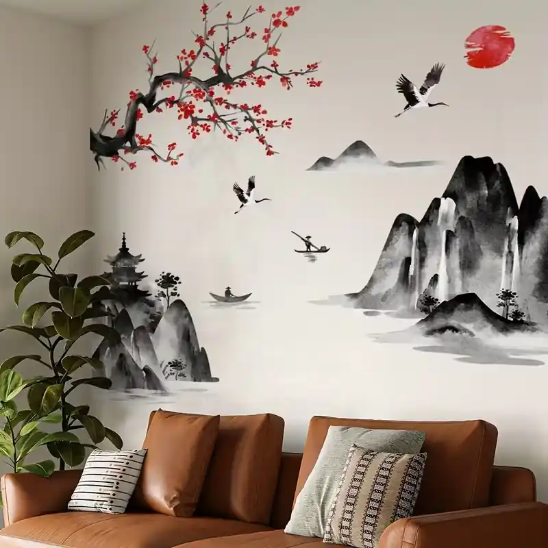 Sticker Paysage et Fleurs de cerisier rouge