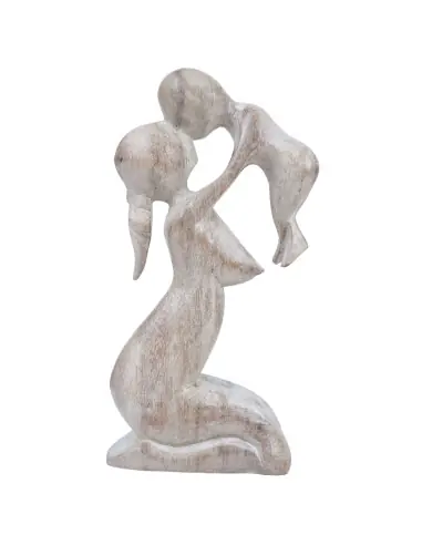 Statuette abstraite Maman et Bébé 20cm en bois Blanc Cérusé