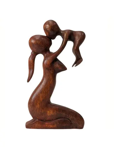 Statuette abstraite Maman et Bébé 20cm en bois Teinté