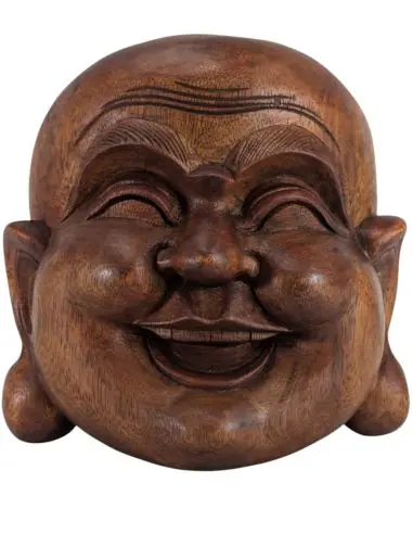 Masque du Bouddha rieur en bois sculpté 20cm
