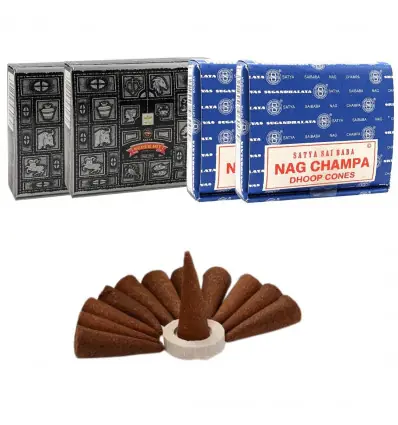 Encens Nag Champa + Super Hit. Lot de 4 boîtes de 12 cônes | Satya Sai Baba