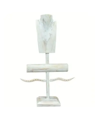 Présentoir à Bijoux pour colliers, boucles, bracelets et montres - bois massif teinté blanc cérusé