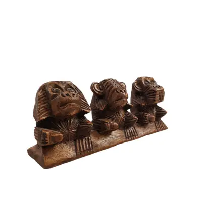 Les 3 singes "secret du bonheur" en bois massif 19cm