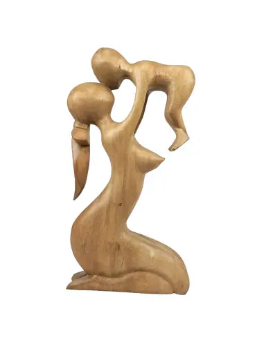 Statue abstraite Maman et Bébé 30cm en bois Brut