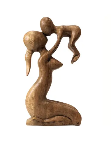 Statuette abstraite Maman et Bébé 20cm en bois Brut