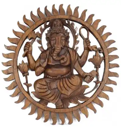 Décor mural Ganesh en bois massif sculpté main 30cm