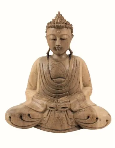 Statuette Bouddha Zen en bois sculpté main 20cm
