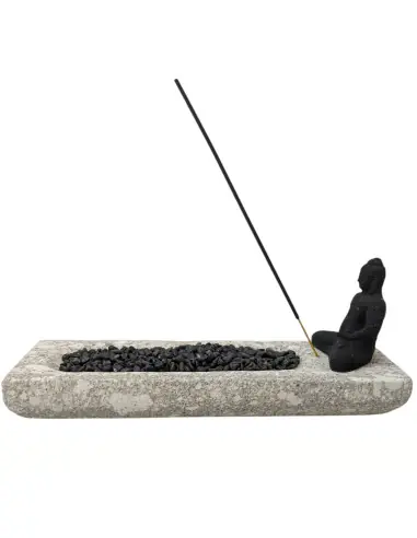 Porte-encens de luxe Bouddha en pierre de Java grise et noire