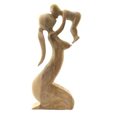 Statue abstraite Maman et Bébé 50cm en bois Blanc Cérusé