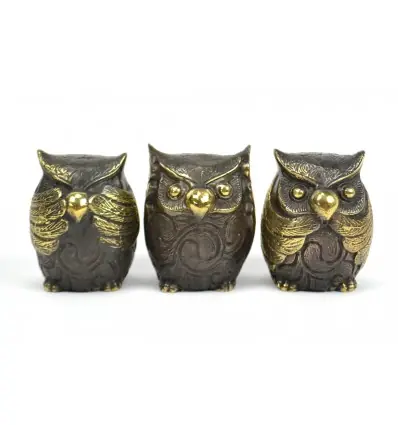 Les 3 chouettes "Secret du Bonheur". Statuettes en laiton
