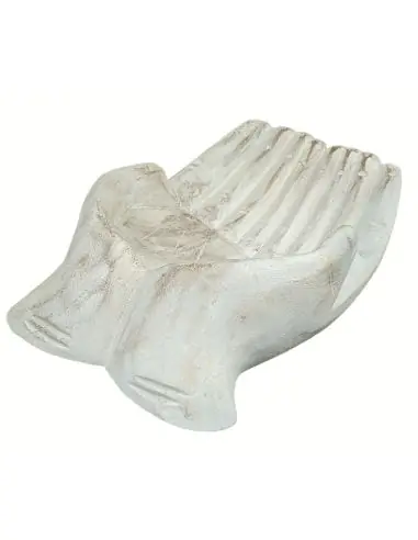 Sculpture Mains en bois. Vide-poche / présentoir à cartes de visite. Finition patine blanche.