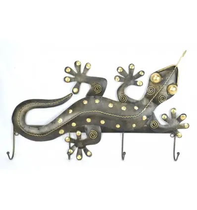 Porte-manteau Mural - Gecko 4 crochets en métal forgé Artisanal