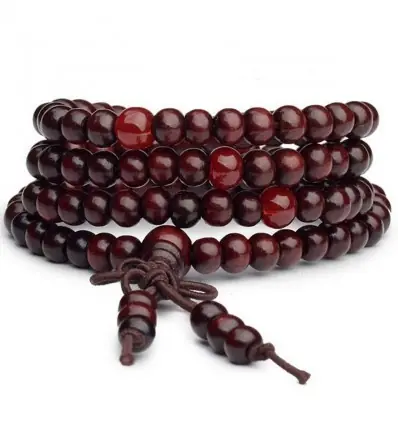 Bracelet Tibétain, Mala en perles de bois bordeaux 6mm + noeud sans fin