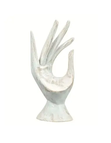Main de Bouddha / Présentoir à bagues en bois sculpté patine blanche