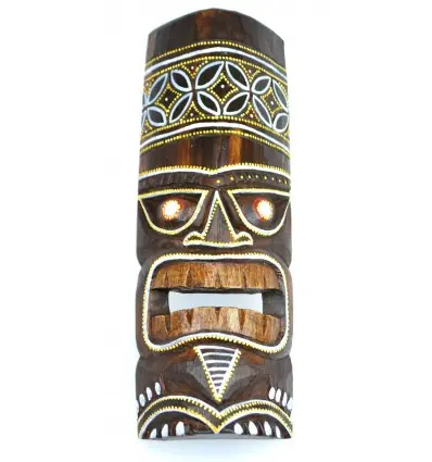 Masque Tiki 30cm en bois motif Batik coloré. Déco Tiki.