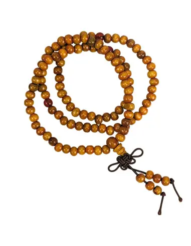 Bracelet Tibétain, Mala en perles de bois 6mm + noeud sans fin. Coloris camel