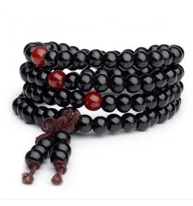 Bracelet Tibétain, Mala en perles de bois noir 6mm + noeud sans fin