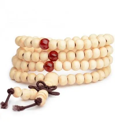 Bracelet Tibétain, Mala en perles de bois 6mm + noeud sans fin. Coloris beige