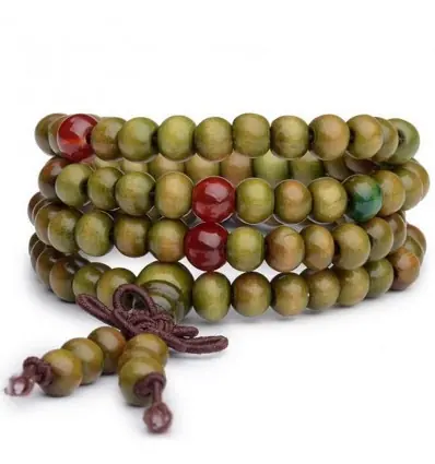 Bracelet Tibétain, Mala en perles de bois vert 6mm + noeud sans fin