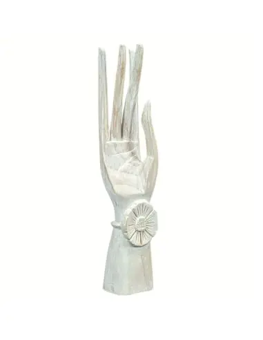 Main de Bouddha / Porte-bagues en bois blanc cérusé 20cm