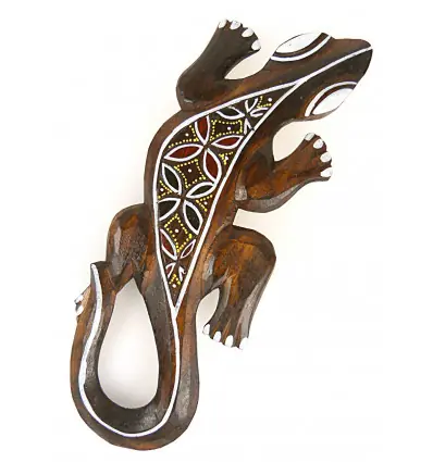 Margouillat motif batik - décoration murale en bois 30cm