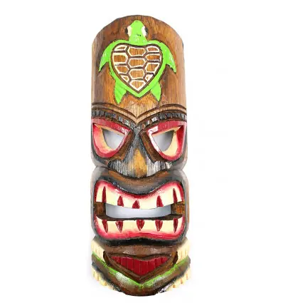 Masque Tiki 30cm en bois motif Tortue. Décoration Hawaï.