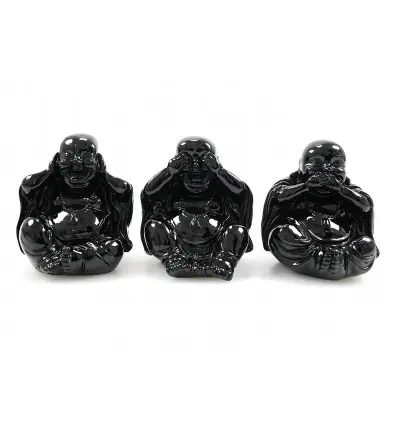 Statuettes "3 Bouddhas de la sagesse" en résine laquée noir brillant.