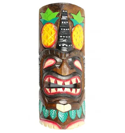Masque Tiki 30cm en bois motif Ananas. Déco murale Tiki Bar.