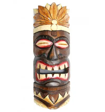 Masque Tiki 30cm en bois motif plumes. Déco tribale polynésienne.