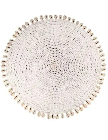 Set de Table Blanc ø35cm en Jonc de mer et coquillages | Déco de Table Ethnique Bohème