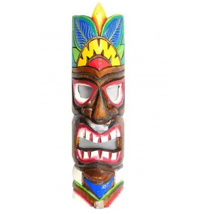 Masque Tiki 50cm en bois motif coloré. Décoration Hawaï Maori !