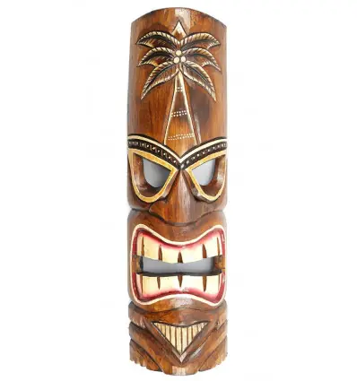 Masque Tiki 50cm en bois motif Cocotier. Décoration Tahiti Hawaï.