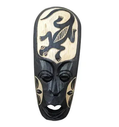Petit masque africain en bois noir motif salamandre 25cm