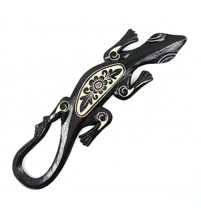 Gecko mural en bois peint noir motif Floral 50cm