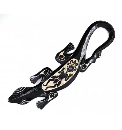 Salamandre/Gecko mural en bois peint noir motif tribal africain 50cm