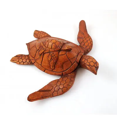 Statue Tortue et son bébé. Sculpture sur bois artisanale.