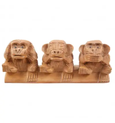 Statuettes 3 singes de la sagesse en bois brut 19cm